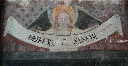 Ultreia e suseia declared by an Angel on a Church wall on the Camino de Santiago