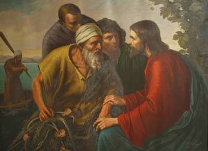 Painting of Jesus, James, John & Zebedee encounter by the seashore by Sr. Gregory Ems