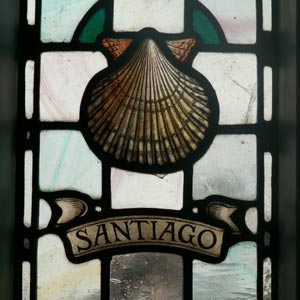 Stained Glass with the inscription Santiago and a Scallop Shell