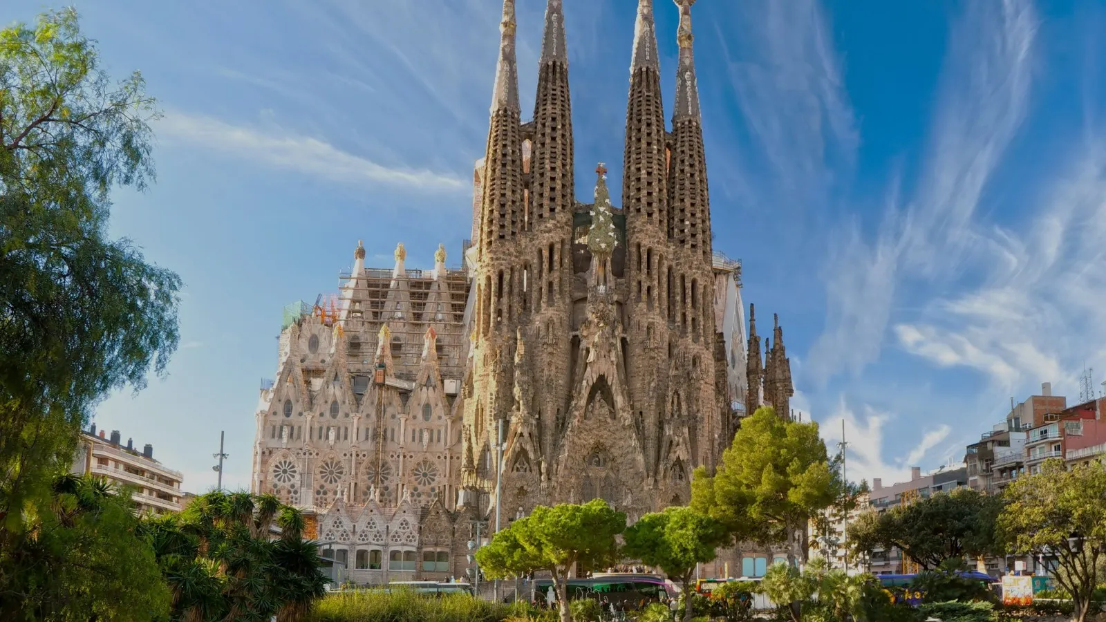 The towers and sculpted facade of the Sagrada Família in Barcelona.
