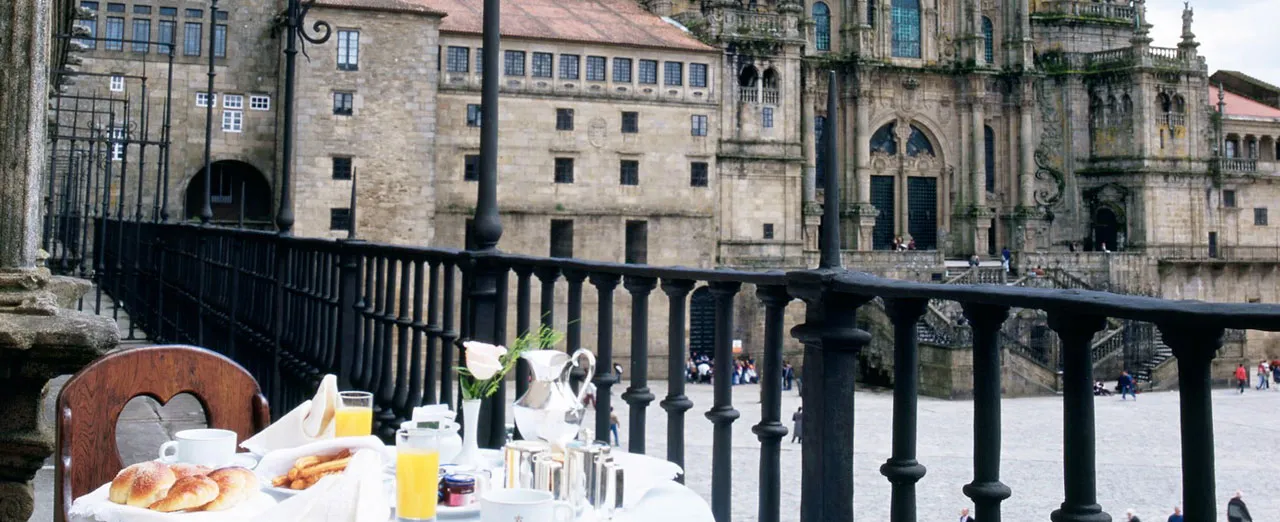 Breakfast served on a terrace overlooking Santiago Cathedral.