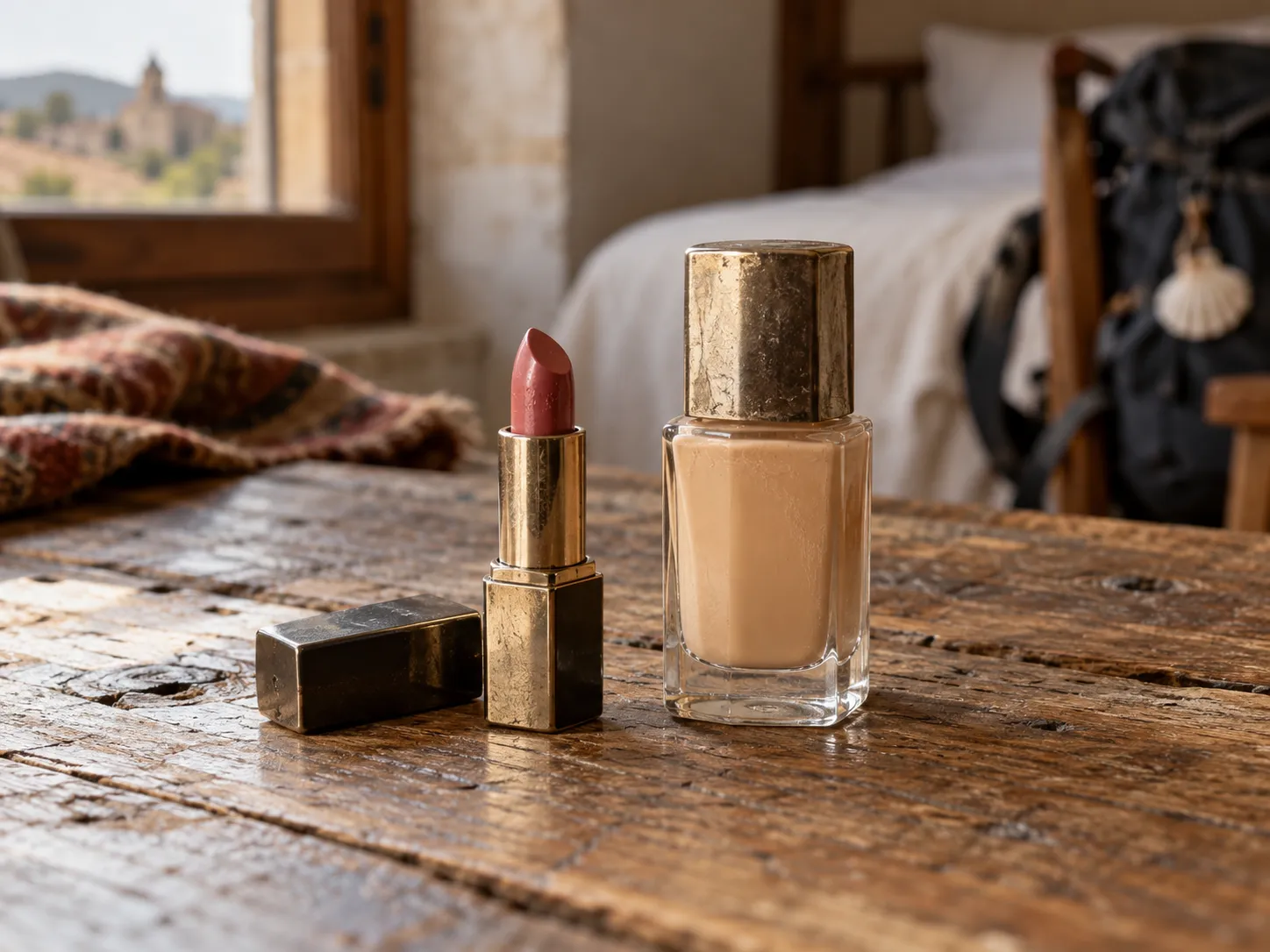 A lipstick and bottle of foundation on a rustic wooden table in a Camino hotel room.