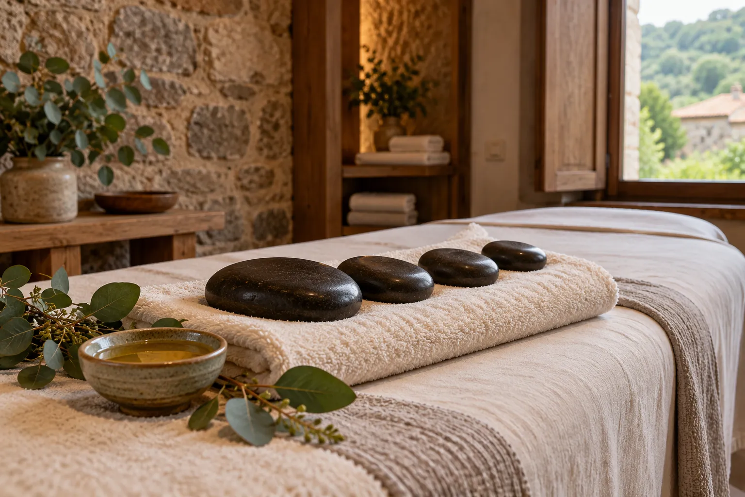 Heated basalt massage stones prepared on a treatment table.