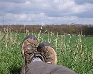Well-used walking footwear resting after a Camino stage.