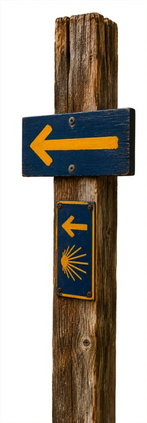 A blue and yellow Camino direction sign on a wooden post.