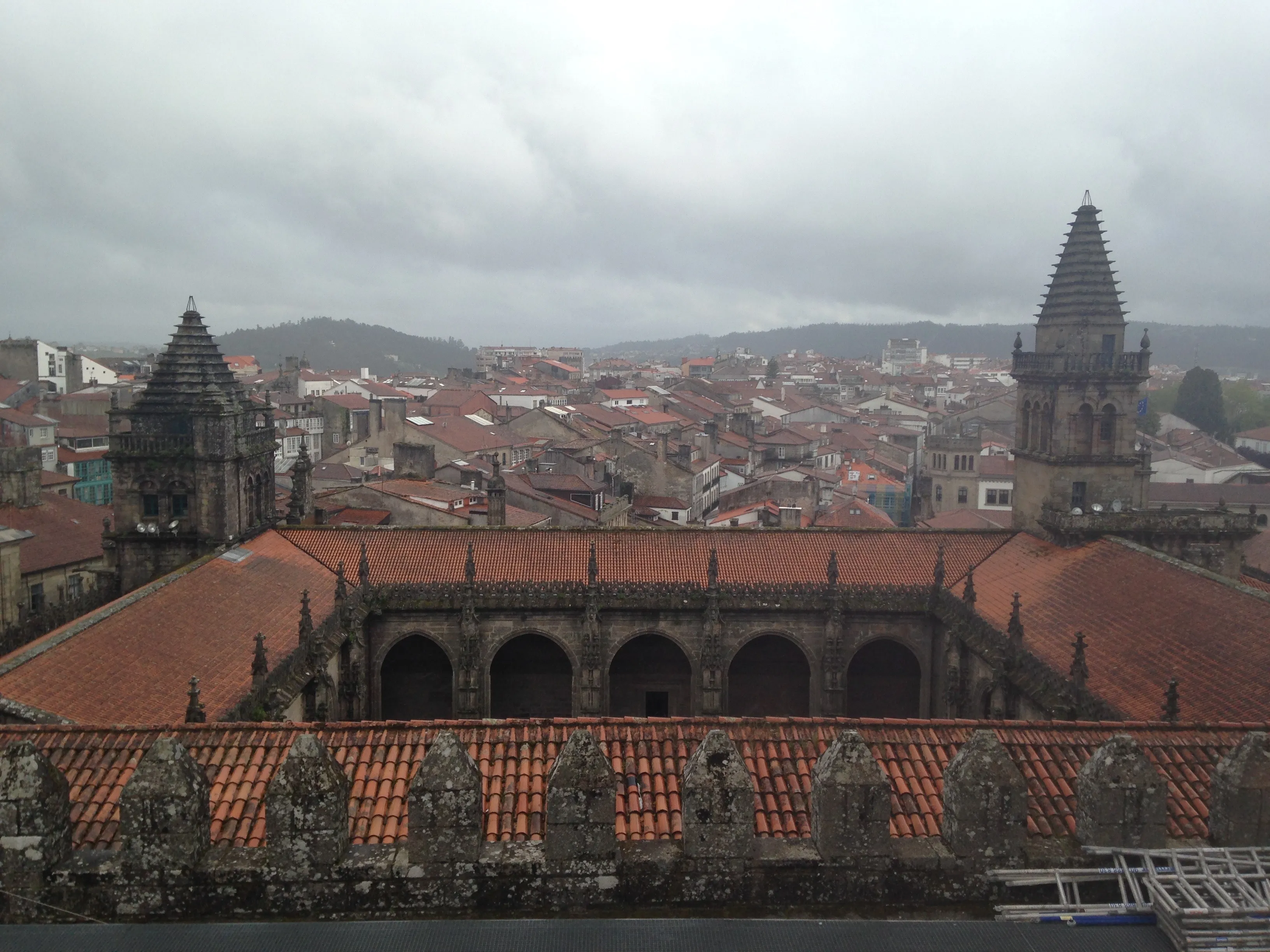 The Cathedral cloister and towers seen from an official rooftop visit.