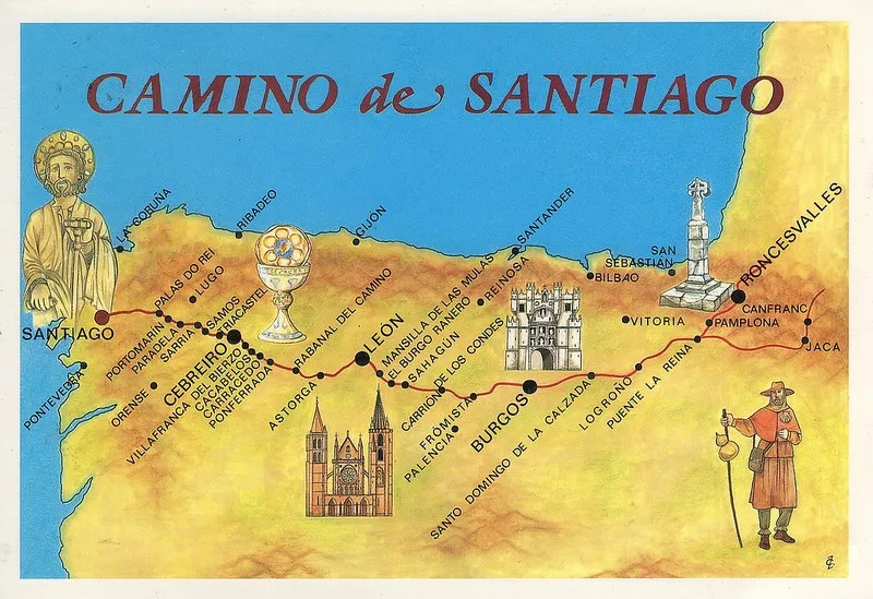 An illustrated map of Camino routes across northern Spain toward Santiago.