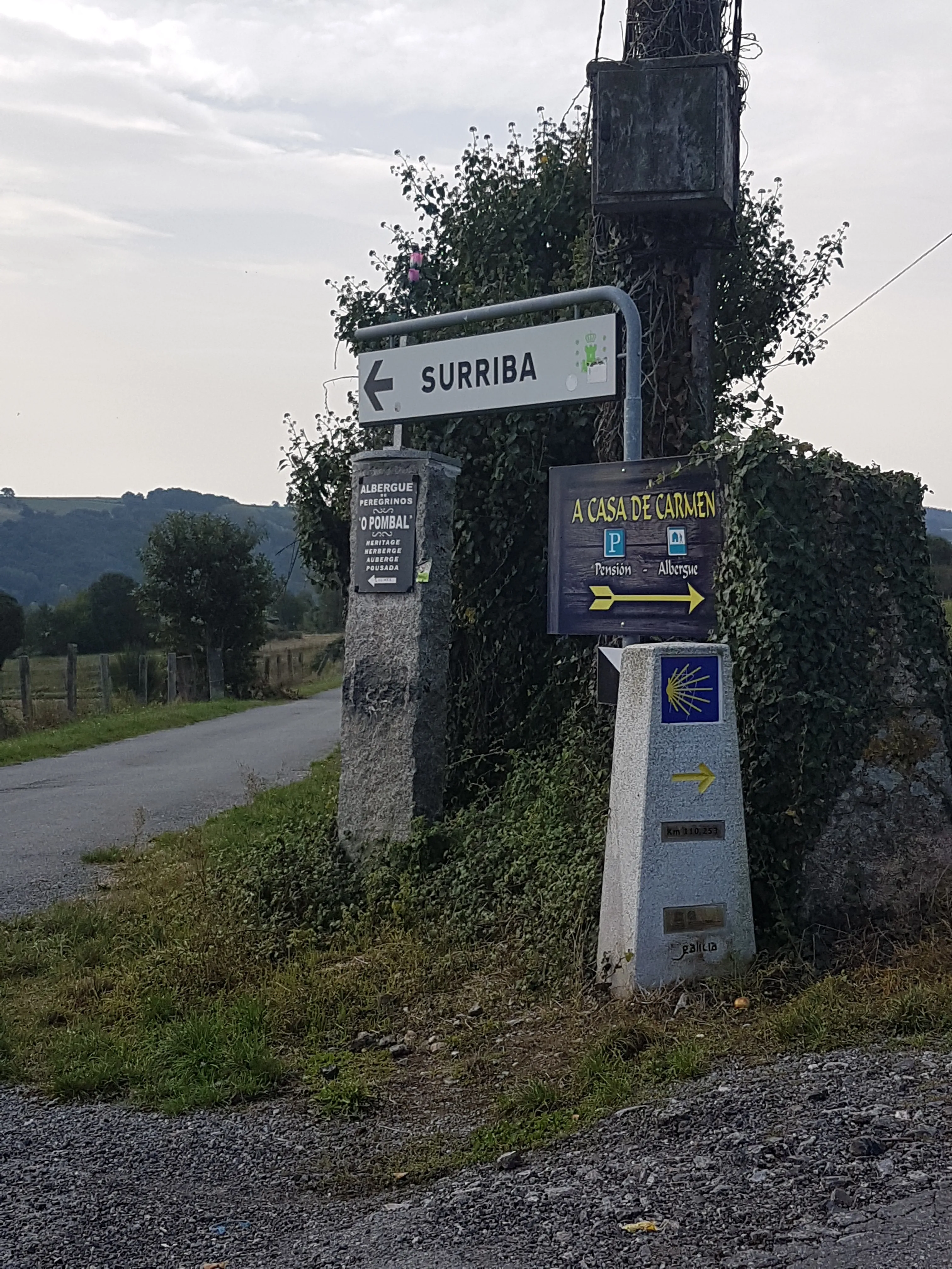 A Camino milestone beside several accommodation and village direction signs.