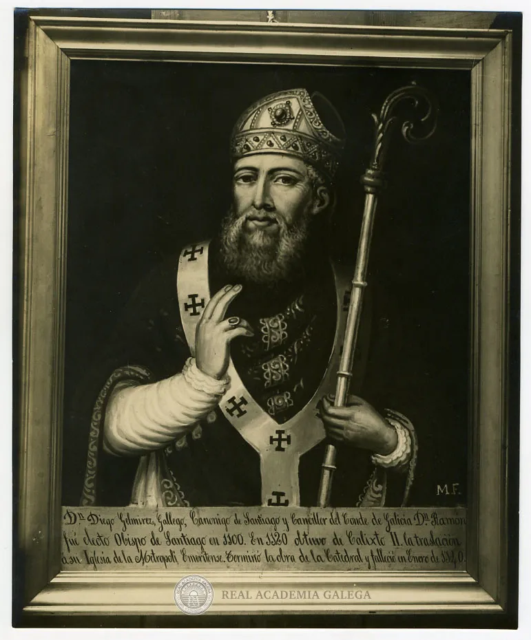 A historical painted portrait of Archbishop Diego Gelmírez.