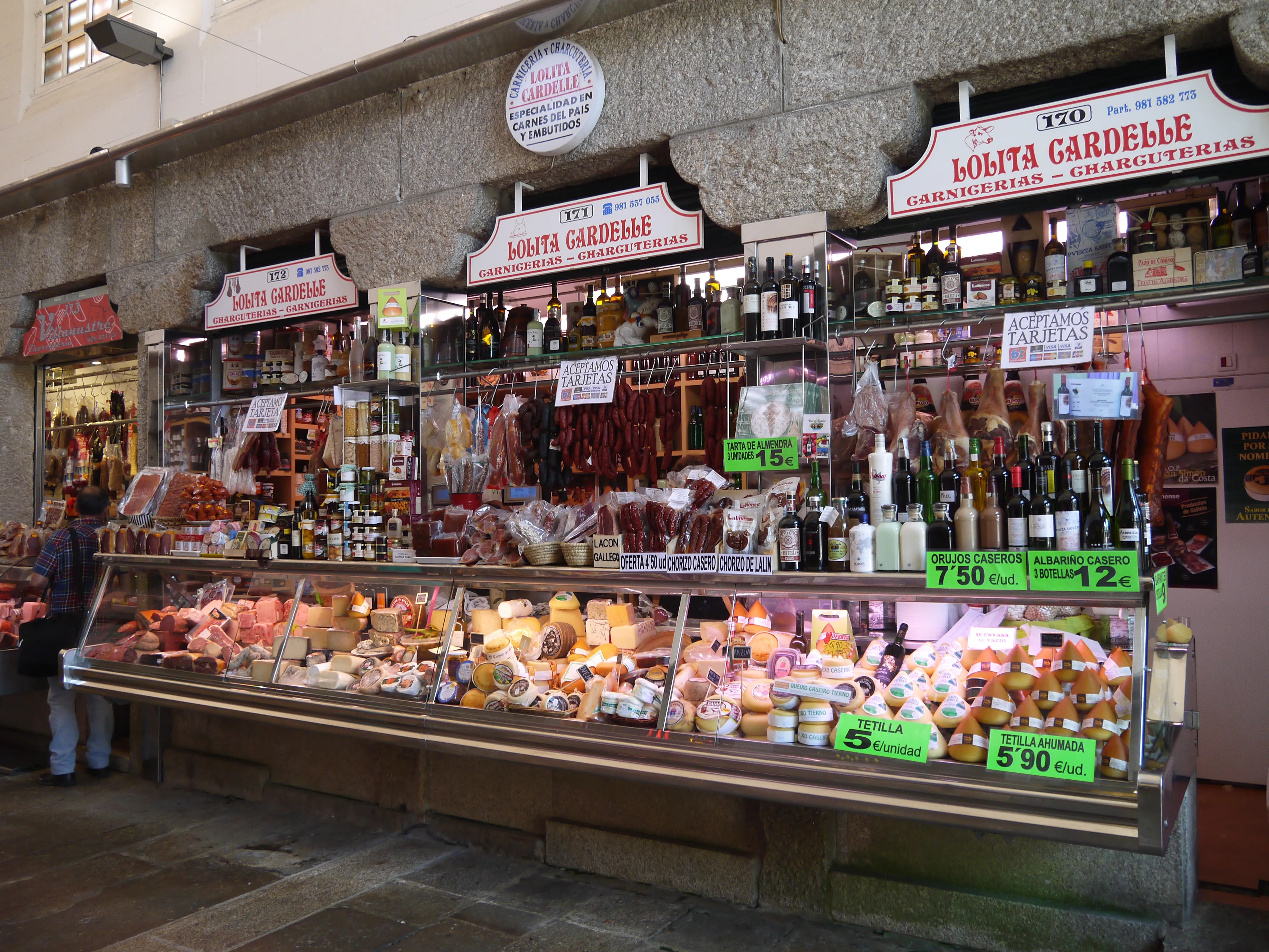 Bottles of Galician wines and liqueurs in Santiago's food market.