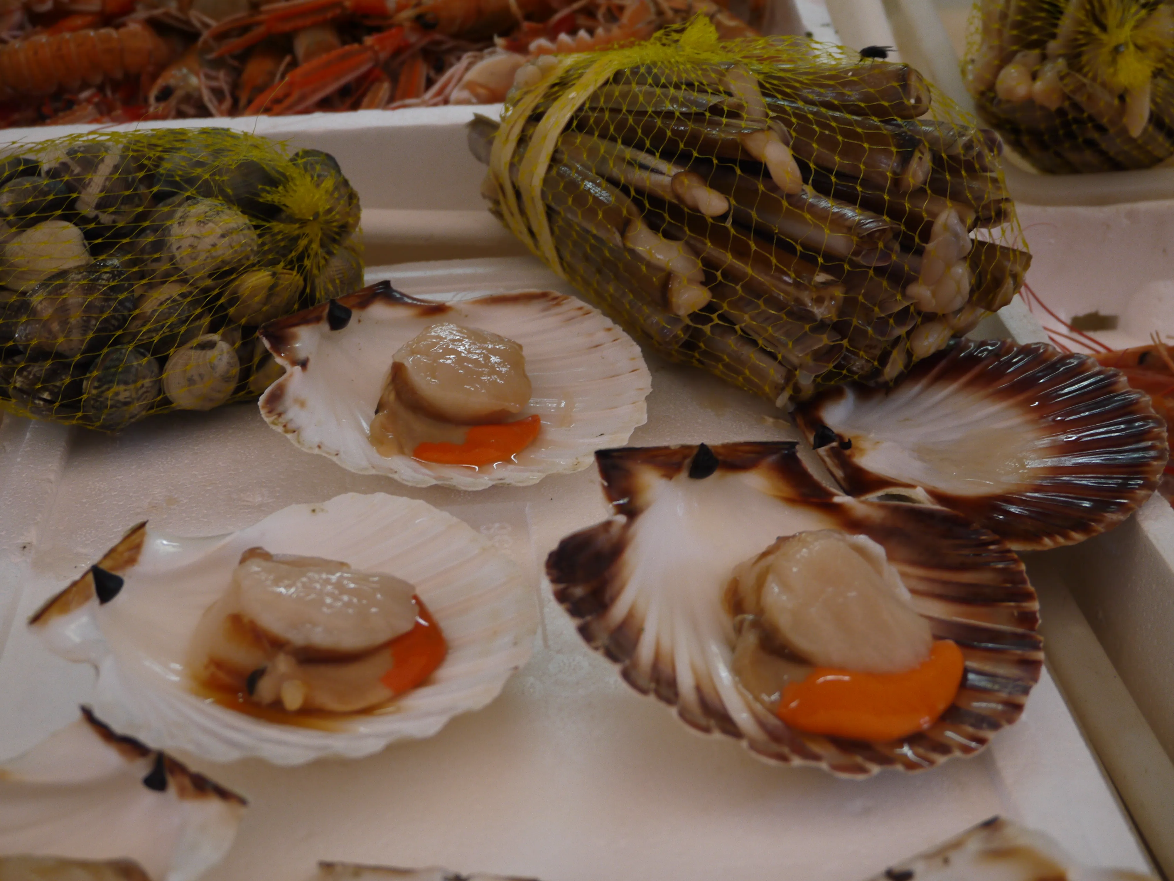 Scallops, razor clams and shellfish at a Galician market.