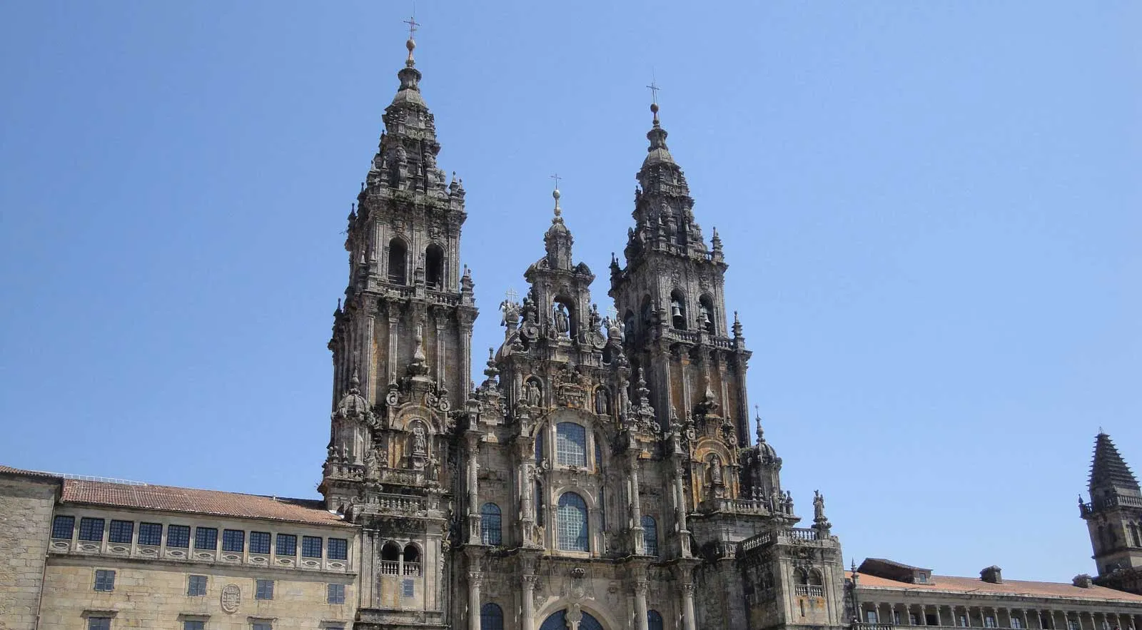 The towers and stone architecture of Santiago Cathedral.