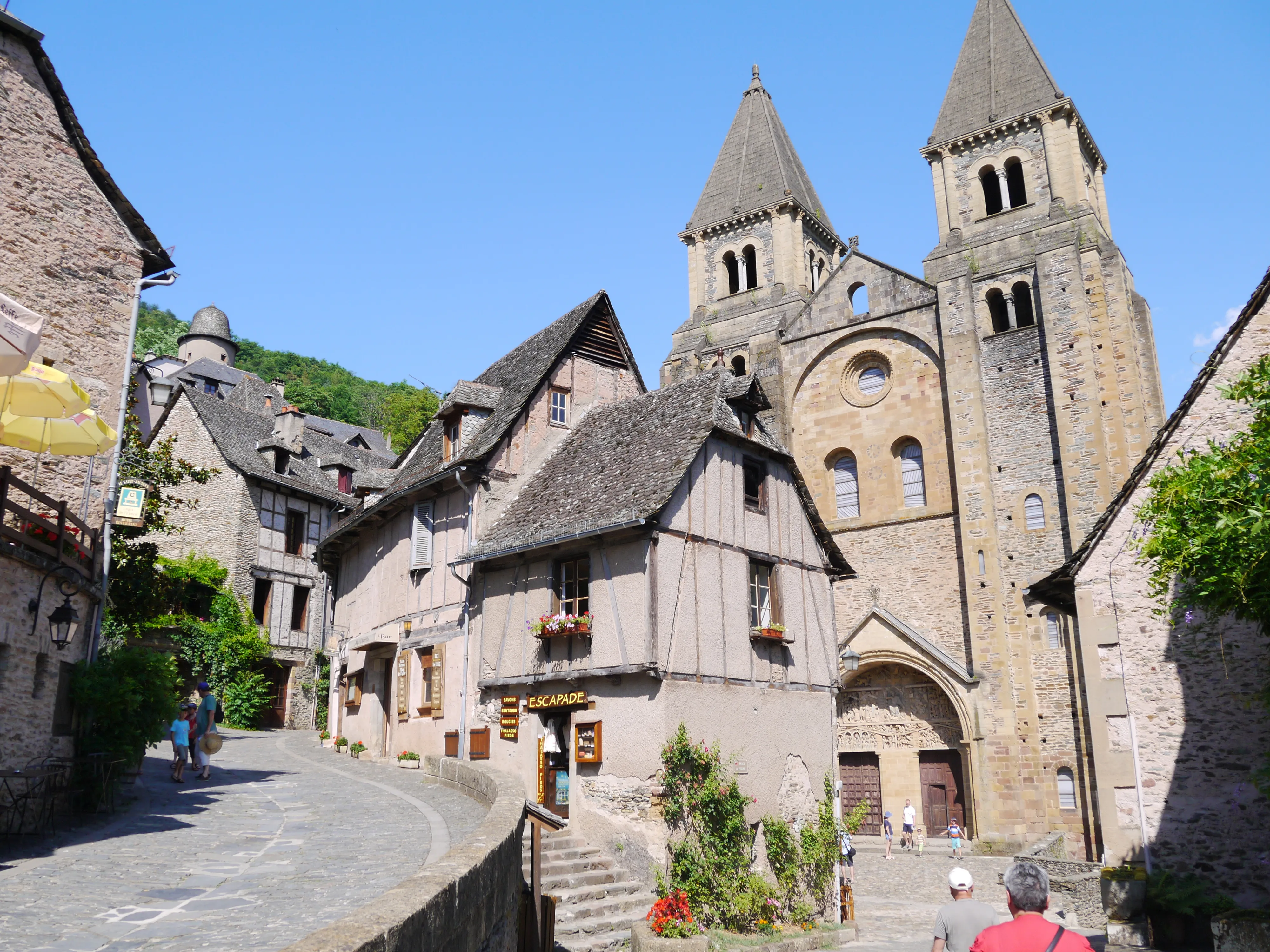 The abbey church and historic houses of Conques on the Le Puy Way.