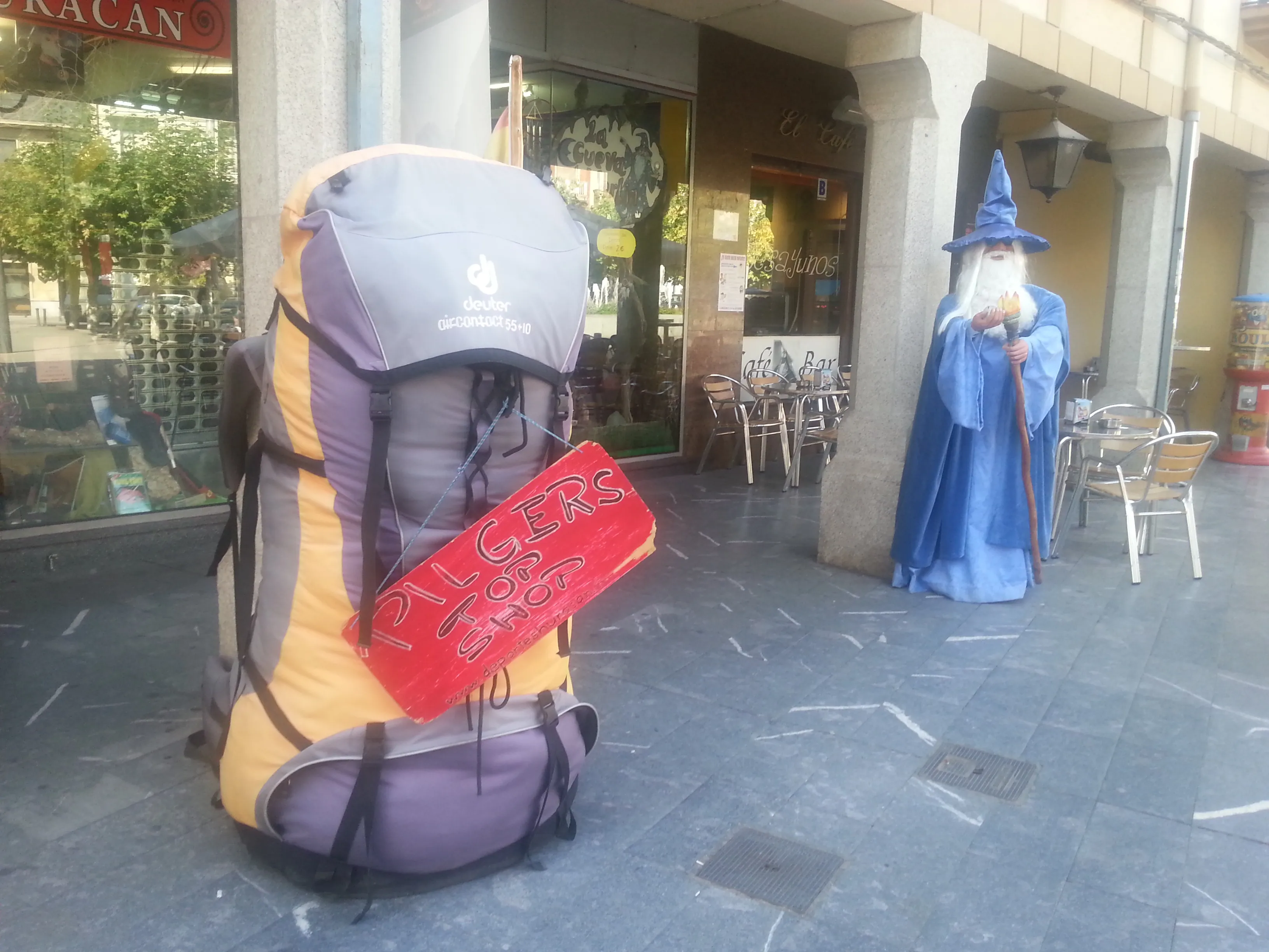 A large pilgrim backpack ready to continue along the Camino.