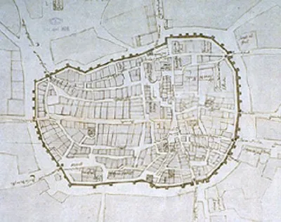 A historic plan showing Santiago de Compostela within its walls.