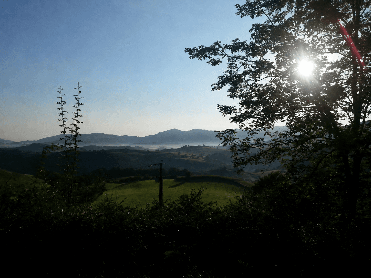 Morning light over the green foothills of the Camino in the Pyrenees.