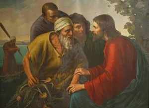A painting of Jesus speaking with the fishermen James and John beside their father Zebedee.