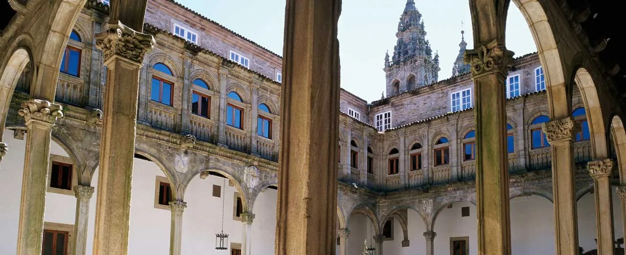 The historic courtyard of a Santiago hotel.