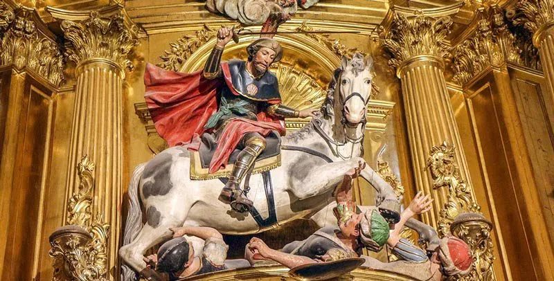 Historic sculpture depicting Saint James as a mounted warrior at Burgos Cathedral.