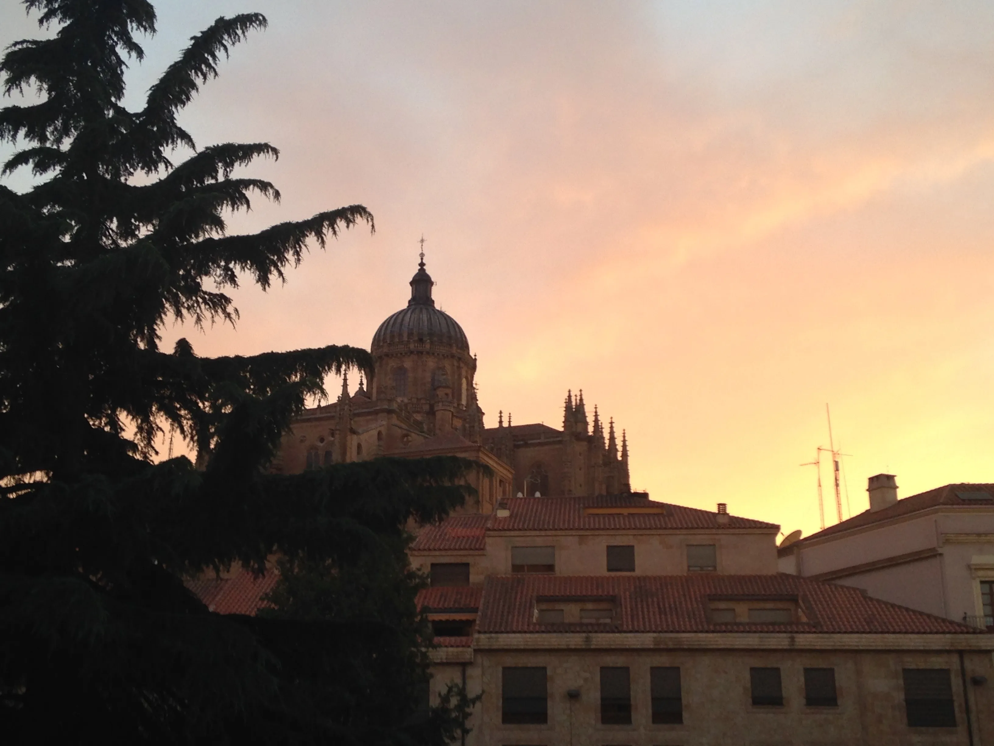 Salamanca Cathedral at sunset along the Vía de la Plata.