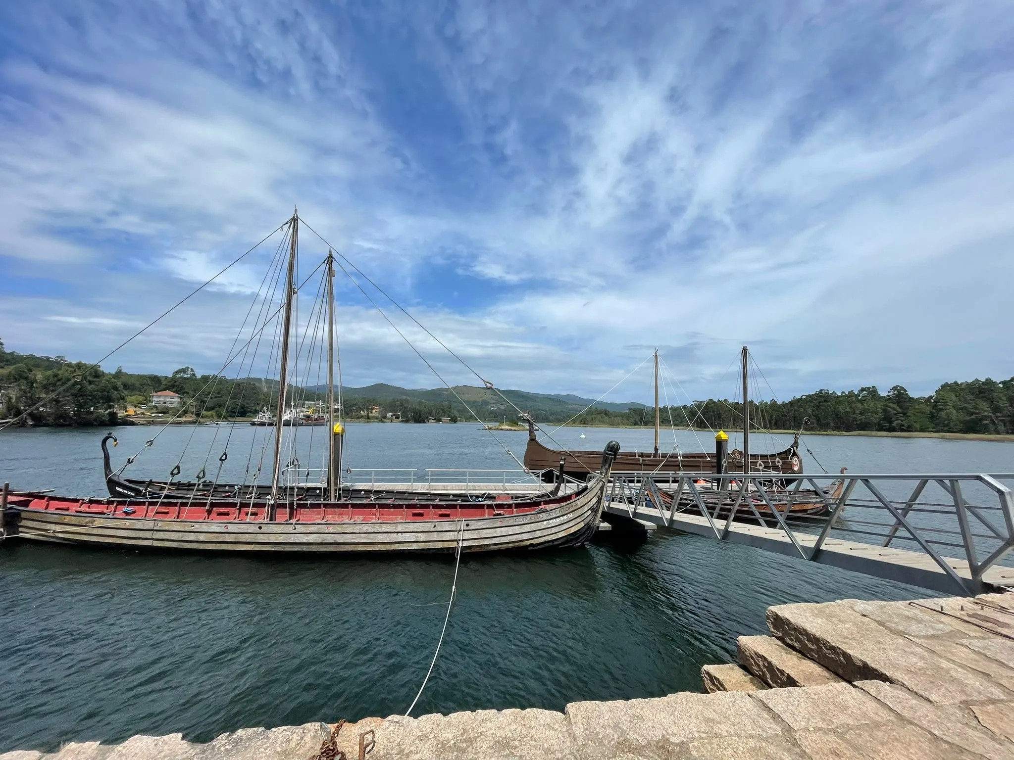 Replica Viking boats moored on the Ulla estuary at Catoira.